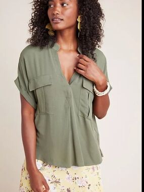 Anthropologie Olive Green Utility Button-Down Top